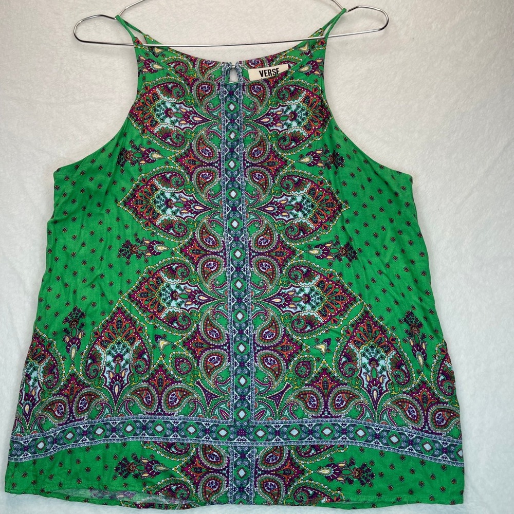 Y2K VTG Paisley Halter Top Womens M Green Boho Sleeveless Gypsy Festival Resort